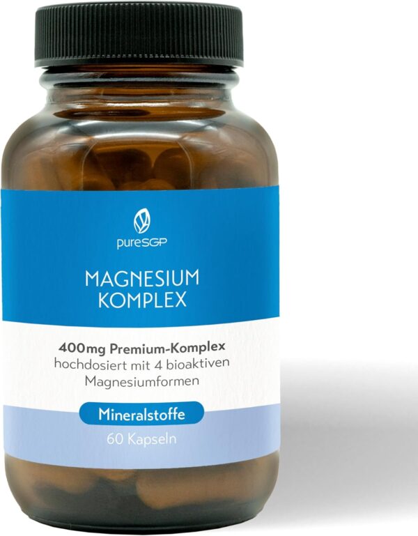 pureSGP Magnesium Komplex - 400 mg reines Premium Magnesium aus 4 hochwertigen Magnesiumformen. Pharmazeutische Expertise aus Deutschland. Hohe Bioverfügbarkeit. Labor geprüft, hochdosiert. Vegan