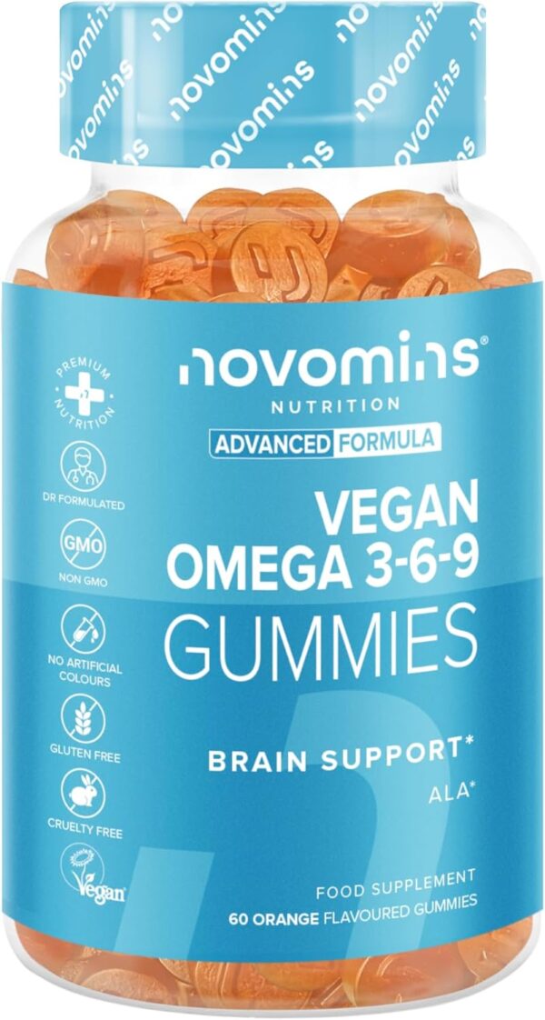 Vegane Omega 3 6 9 Gummibärchen – 1 Monatsvorrat – Unterstützt die Gesundheit von Herz Gehirn und Augen – Omega 3 Vegan zum Kauen – Nachhaltige Pflanzliche Alternative zu Fischöl – Von Novomins