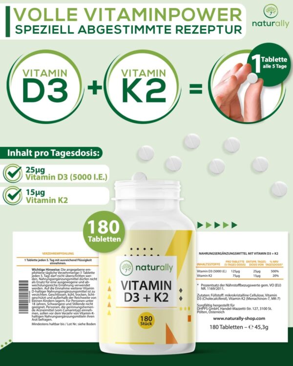 naturally Vitamin D3 K2 Tabletten [180 Stück] – hochdosiert, 5000 I.E. Vitamin D pro Tablette, vegan, ohne Zusätze, – Bild 5