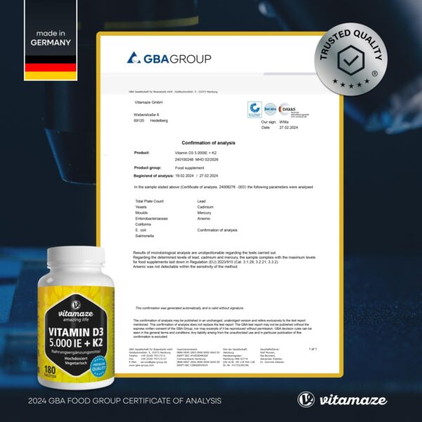 Vitamin D3 K2 5000 IE mit Vitamin K2 MK7 All Trans Form, 1+ Jahre Vorrat, 180 Tabletten Vitamin D ohne unnötige Zusatzstoffe, in Deutschland hergestellt – Bild 7