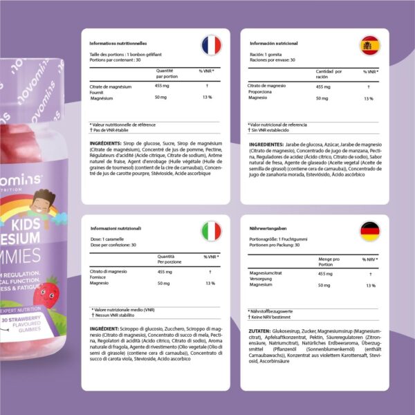 Magnesium Gummibärchen für Kinder – Vegan – 1 Monatsvorrat – Kaubarer Magnesium Komplex für Kinder – 30 Kaubare Vitamine Kinder – 455 mg Magnesiumcitrat mit 50 mg Magnesium – von Novomins – Bild 9