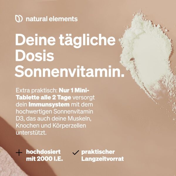 natural elements Vitamin D3 2000 I.E. – 365 Tabletten – für Knochen und Immunsystem – hochdosiert, ohne unnötige Zusätze – in Deutschland produziert & laborgeprüft – Bild 3