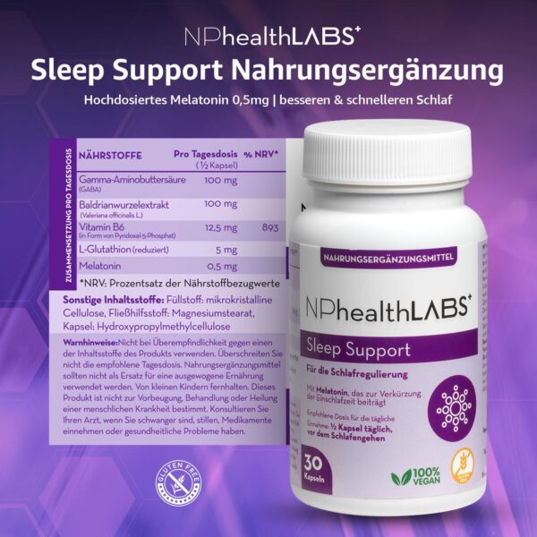 NPhealthLABS Sleep Support - 30 Vegan Kapseln mit Melatonin, Baldrian, GABA, Vitamin B6, Glutathione für besseren Schlaf – Bild 7