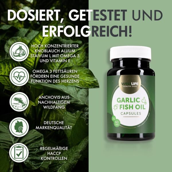 WellLife Knoblauch Fischöl Kapseln hochdosiert Vitamin E Omega 3 EPA & DHA Triglycerid Form Unterstützung Herz Kreislauf Blutdruck-Management 60 Tabletten – Bild 2