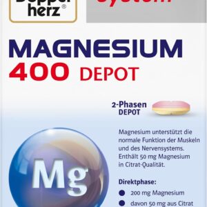 Doppelherz system MAGNESIUM 400 DEPOT – Magnesium als Beitrag für die normale Funktion der Muskeln und des Nervensystems – 60 Tabletten