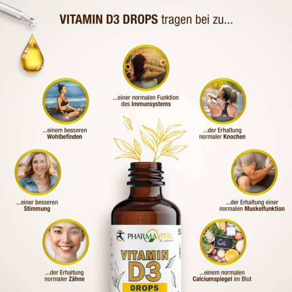 Pharmavital Vitamin D3 Tropfen 5000 50ml flüssig (1830 Tropfen) - Laborgeprüfte 5000 I.E. pro Tropfen - Immunsystem stärken, für Knochen und Muskeln - Hochwertig: sehr hohe Stabilität, vegetarisch – Bild 7