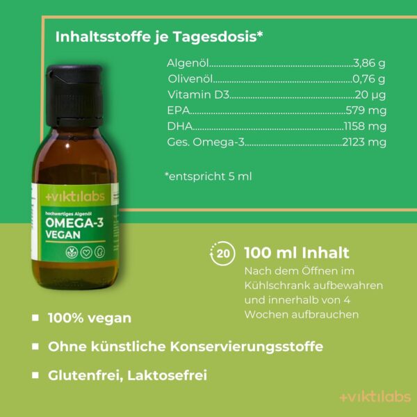 Viktilabs© - Omega 3 Algenöl vegan | Totox-Wert ≤ 5 | Hochdosierte Formel: Enthält 3,86 g Algenöl pro Tagesdosis mit 579 mg EPA und 1158 mg DHA | Ergänzt durch Vitamin D3 und Olivenöl | 1x Flasche – Bild 3