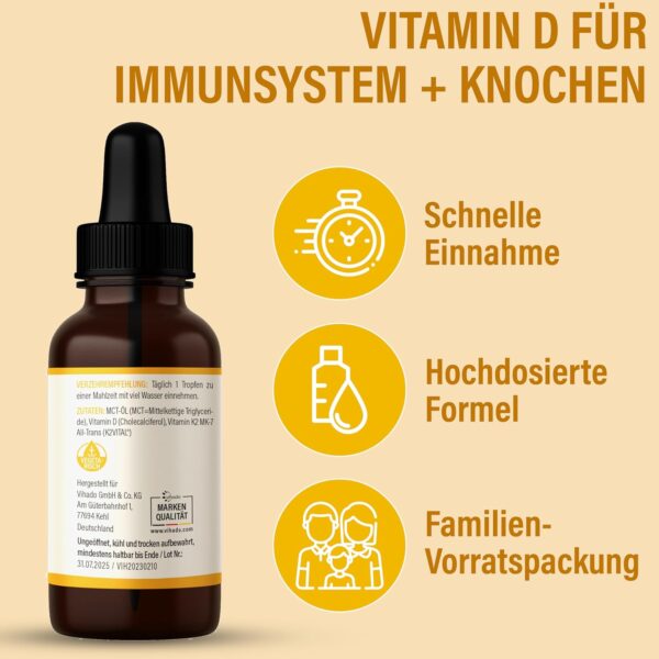 Vihado Vitamin D3 K2 Tropfen hochdosiert, max bioverfügbar, sicherer Markenrohstoff K2VITAL®, Vitamin D für Immunsystem + Knochen, vegetarisch, 50 ml (1700 Tropfen) – Bild 3