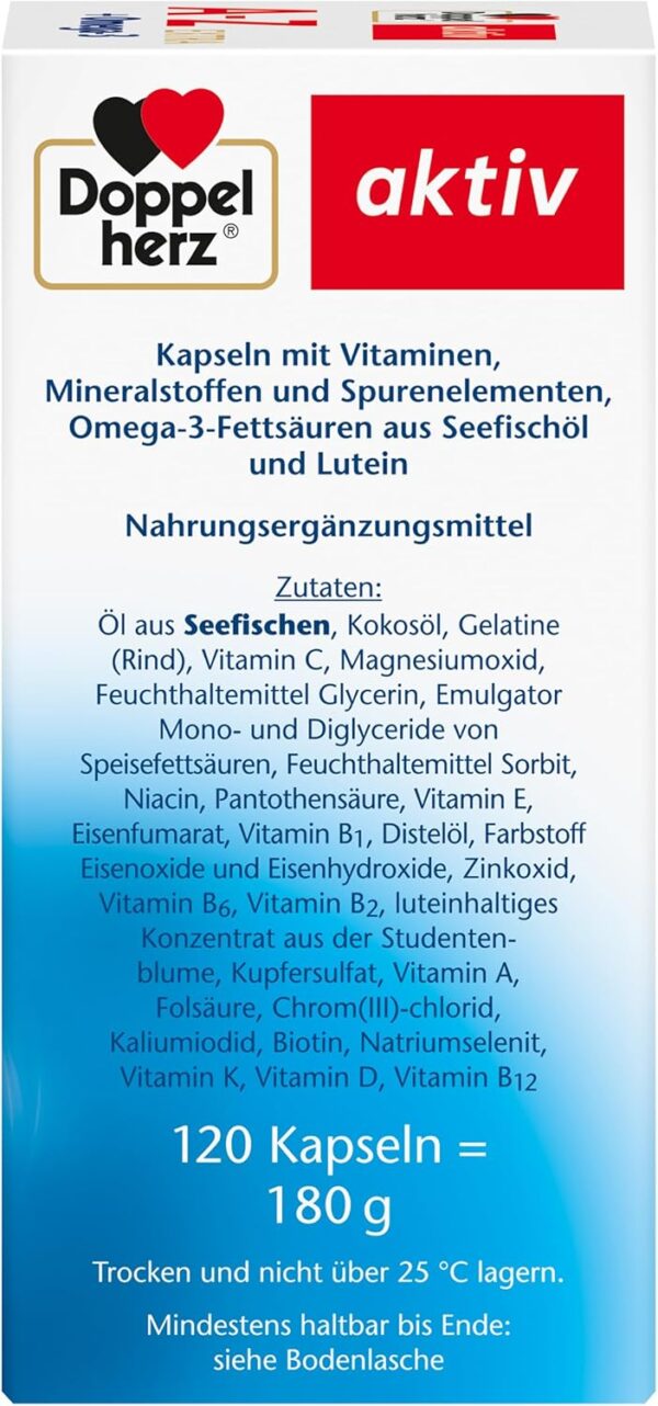Doppelherz A-Z + Omega-3 Extra - 20 Vitamine, Mineralstoffe & Spurenelemente + Omega-3 + Lutein - Nur 1 Kapsel täglich - 120 Kapseln – Bild 4