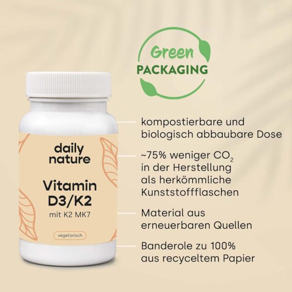 dailynature Vitamin D3 + K2 | 180 Tabletten mit je 5.000 IE D3 hochdosiert + 100 µg K2 | Nahrungsergänzungsmittel - vegetarisch, ohne unerwünschte Zusätze, glutenfrei & laktosefrei | laborgeprüft – Bild 2