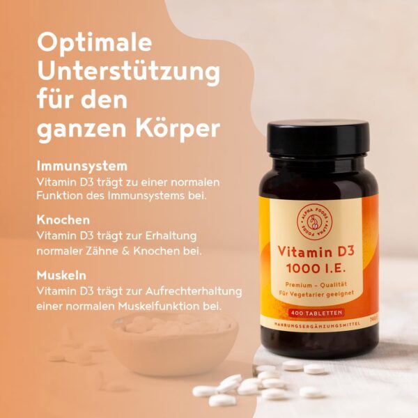 Vitamin D3 1000 I.E. – 400 Tabletten über 1 Jahr Vorrat – Vitamin D für Immunsystem, Knochen, Zähne & Muskeln – Hochdosiert - Vegetarisch - Alpha Foods – Bild 2