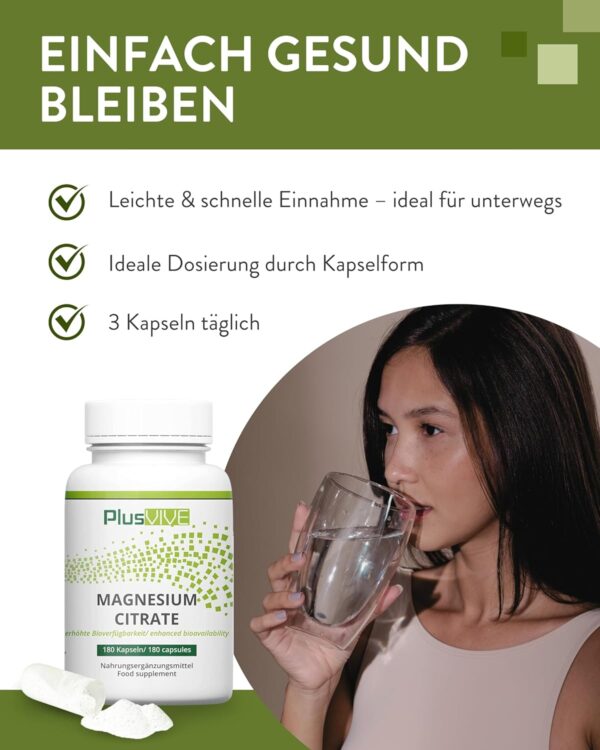 PlusVive Magnesiumcitrat Kapseln hochdosiert I 1x 180 Kapseln I 700mg Trimagnesiumdicitrat & 120mg reines Magnesium pro Kapsel I mit Papain & Spirulina I Nahrungsergänzungsmittel vegan & laborgeprüft – Bild 6