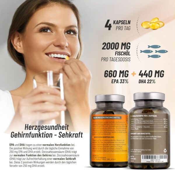 Omega 3 - Fischöl - 2000mg pro Tagesdosis - EPA : 660 mg/DHA : 440 mg - Herz-kreislauf system, Vision, Gehirnfunktion - 200 kapseln – Bild 6