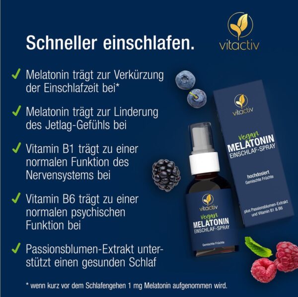 VITACTIV Melatonin Spray Hochdosiert 50ml – 0,5 mg Melatonin pro Tagesdosis - 385 Tage Vorrat, Zuckerfrei & Vegan - plus Passionsblumen Extrakt, Vitamine B1 und B6 - Sofort-Spray Gemischte Früchte – Bild 3