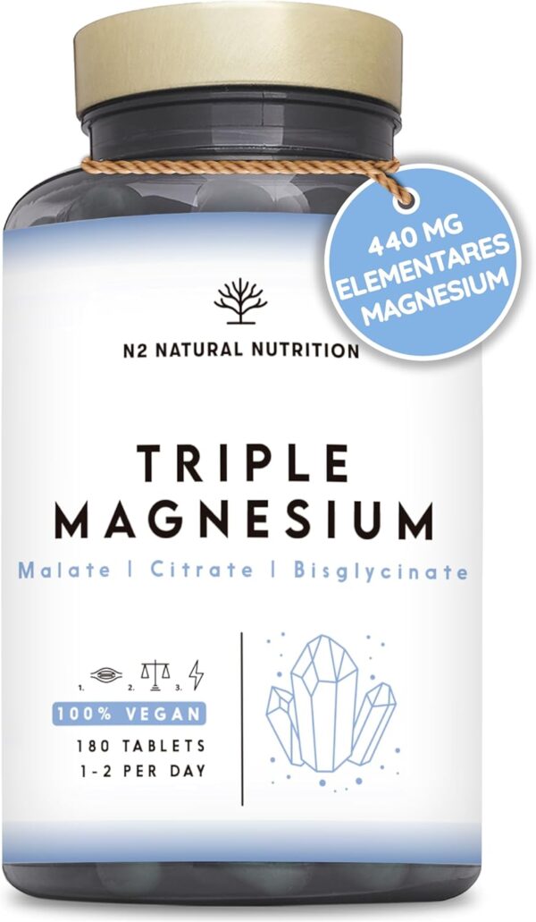 Magnesium Komplex hochdosiert, 440mg elementares Magnesium pro Tagesdosis. Triple Magnesium mit: Magnesiumcitrat 1440mg, Magnesiumbisglycinat 600 mg, Magnesiummalat 600mg. 180 Tablets. 3 Monats. N2