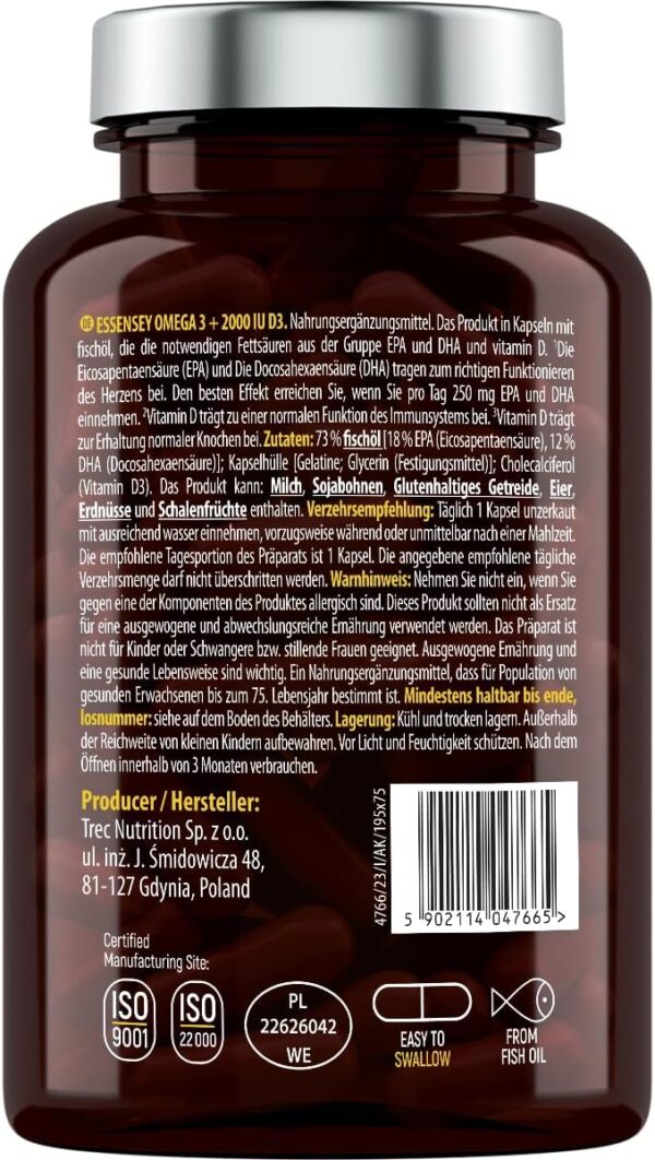 ESSENSEY - Omega 3 2000 UI I 1000mg Fischöl pro Kapsel I 90 Kapseln I Vitamin D3 I mit EPA und DHA (in Triglycerid-Form) I 90 Tagesdosen I Leicht zu schlucken I Laborgeprüft – Bild 2