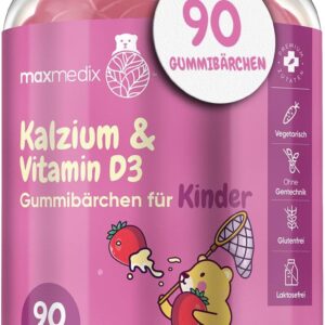 Calcium & Vitamin D3 Gummibärchen für Kinder - 90 vegetarische Gummies - 320 mg Kalzium & 800 IE Vitamin D3 - Für Immunsystem, Stoffwechsel & Knochen (EFSA) - Erdbeere & Vanille Geschmack - maxmedix