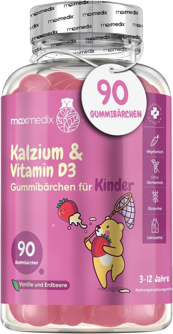 Calcium & Vitamin D3 Gummibärchen für Kinder - 90 vegetarische Gummies - 320 mg Kalzium & 800 IE Vitamin D3 - Für Immunsystem, Stoffwechsel & Knochen (EFSA) - Erdbeere & Vanille Geschmack - maxmedix