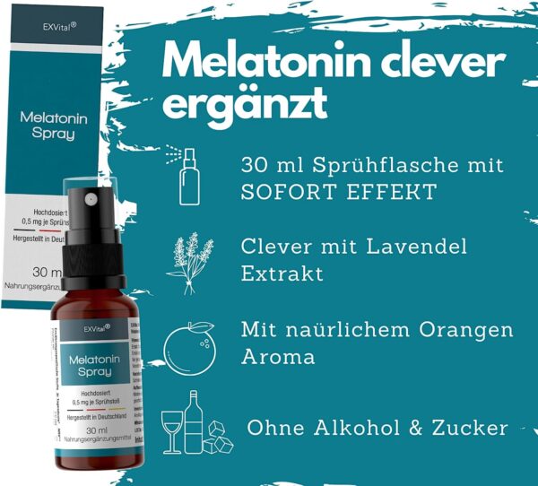 Melatonin Spray, mit Lavendel Extrakt & Vitamin B6- 0,5 mg liquid Melatonin pro Sprühstoß, natürliches Schlafhormon, 30 ml Sprühflasche mit SOFORT EFFEKT- Ohne Alkohol, Hochdosiert & Made in Germany – Bild 3
