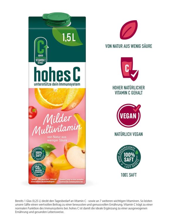hohes C Milder Multivitamin (1 x 1,5l), 100% Saft, Apfel, Orange, Acerola, Mango, 7 Vitamine, ohne Zuckerzusatz laut Gesetz, weniger Säure, vegan – Bild 2