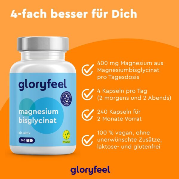 Magnesium Bisglycinat - 240 Kapseln - 400mg Chelatiertes Magnesium pro Tag - Hochdosiert für weniger Müdigkeit + Muskel-Support* - Vegan, laborgeprüft, ohne Zusätze in Deutschland hergestellt – Bild 3