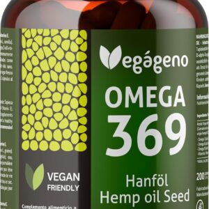 Vegageno OMEGA 3 6 9 Kapseln hochdosiert. Hochkonzentriertes OMEGA 3, vegan. 200 Kapseln. Mit natürlichem Vitamin E. GVO-frei, glutenfrei. Ohne Fisch. Nur Gemüse. Geeignet für Veganer und Vegetarier.