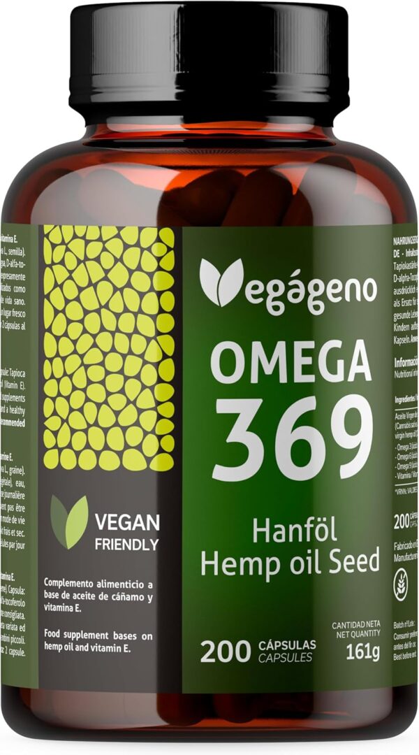 Vegageno OMEGA 3 6 9 Kapseln hochdosiert. Hochkonzentriertes OMEGA 3, vegan. 200 Kapseln. Mit natürlichem Vitamin E. GVO-frei, glutenfrei. Ohne Fisch. Nur Gemüse. Geeignet für Veganer und Vegetarier.
