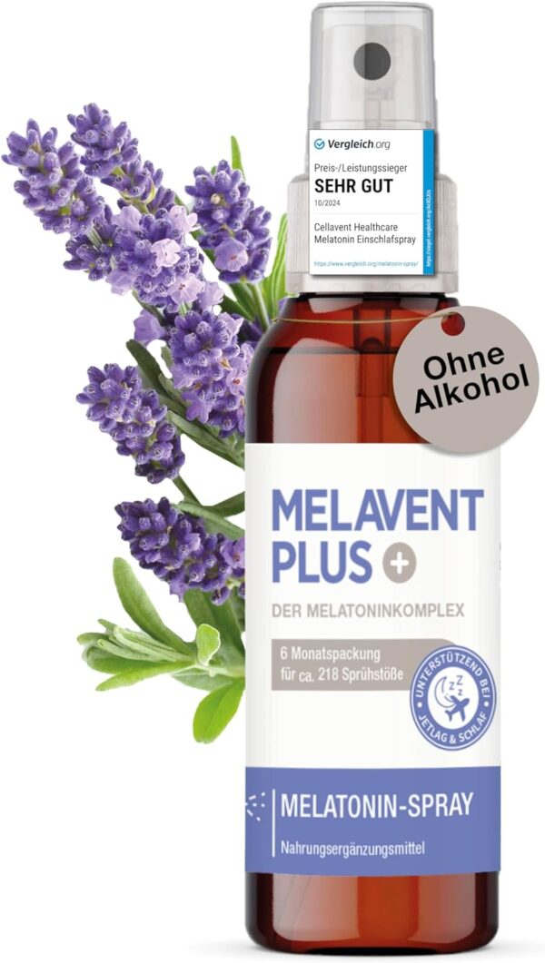 Melatonin Einschlaf-Spray – hochdosiert – 0,5 mg Melatonin pro Tagesdosis – mit Pflanzenextrakten – Melavent PLUS - 6 Monatsvorrat
