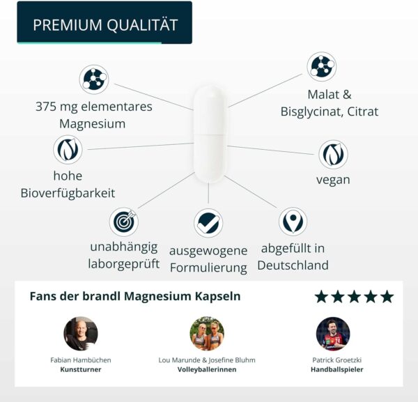 Magnesium Tabletten | Magnesium-Komplex aus Magnesiumcitrat, Magnesium Malat & Magnesium Bisglycinat von brandl® optimiert für Sportler | 180 Premium Magnesium Kapseln – Bild 4