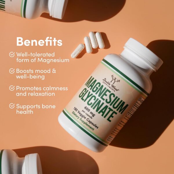 Magnesium Glycinate 400mg, 180 Capsules (Vegan Safe, Manufactured and Third Party Tested in The USA, Gluten Free, Non-GMO) High Absorption Magnesium by Double Wood Supplements – Bild 5