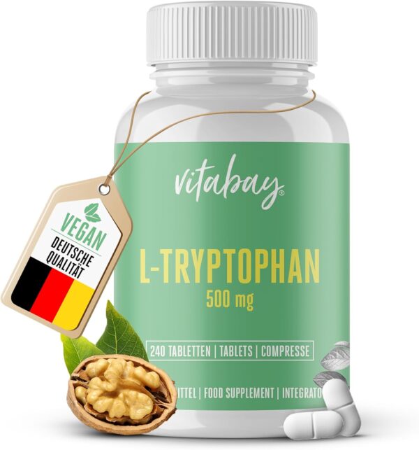 Vitabay L Tryptophan Hochdosiert 500mg - 240 Tabletten L-Tryptophan Vegan & Laborgeprüft - Triptofan Ltrypthophan ohne unerwünschte Zusatzstoffe
