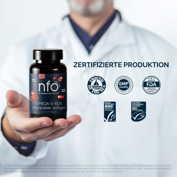 NFO OMEGA-3 KIDS [120 Kapseln] aus Fischgelatine, Hochdosiertes norwegisches Fischöl mit EPA und DHA in Triglyceridform sowie Ringelblumenextrakt, Vitamin D3, A, C und E, Für Kinder ab 4 Jahren – Bild 6