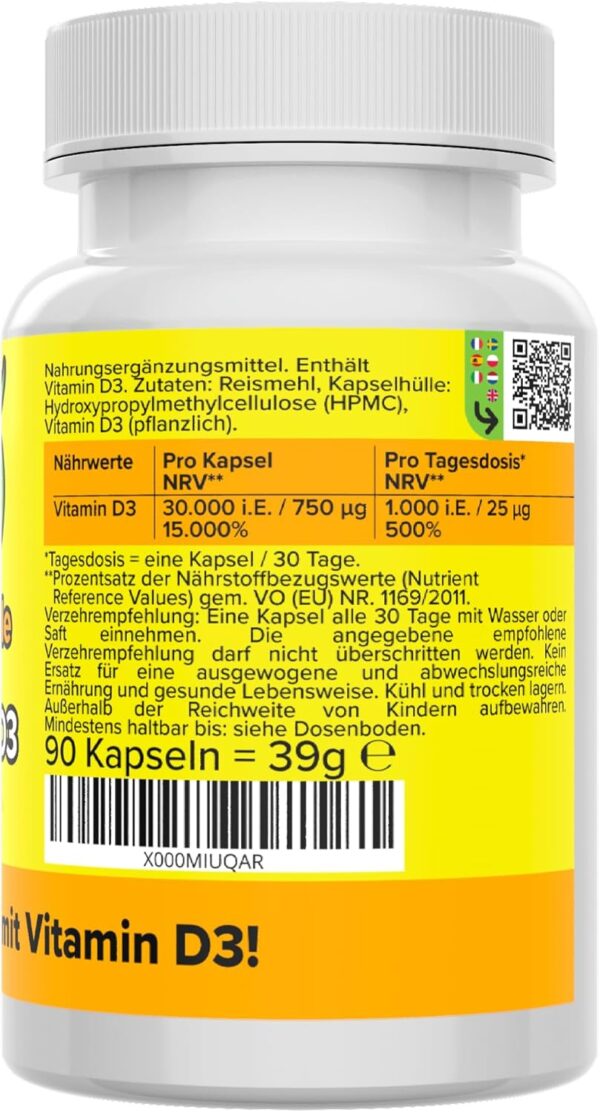 Vitamin D3 Kapseln - hochdosiert 30.000 i.E. - Produktion in Deutschland - vegan & bioaktiv - pflanzliches Cholecalciferol - ohne Zusatzstoffe - kleine Kapseln statt Tabletten - Vitamineule® – Bild 3
