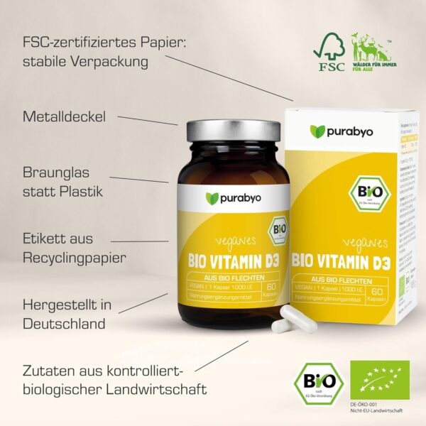 Bio Vitamin D3 Kapseln vegan | Bio Vitamin D3 vegan | aus Flechtenextrakt aus kontrolliert-biologischem Anbau | im Glas | 1 Kapsel = 25 µg = 1000 I.E. | 2-Monatsversorgung | laborgeprüft – Bild 4