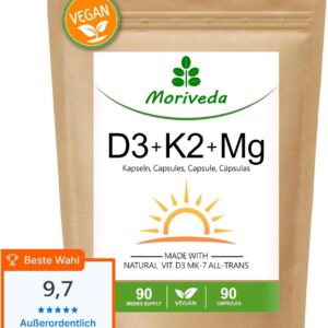 Vegane Vitamin D3 + K2 + Magnesium Kapseln - bis 90 Wochen Depot - 7000 I.E D3 + 200 mcg K2 MK7-90 Kapseln von MoriVeda