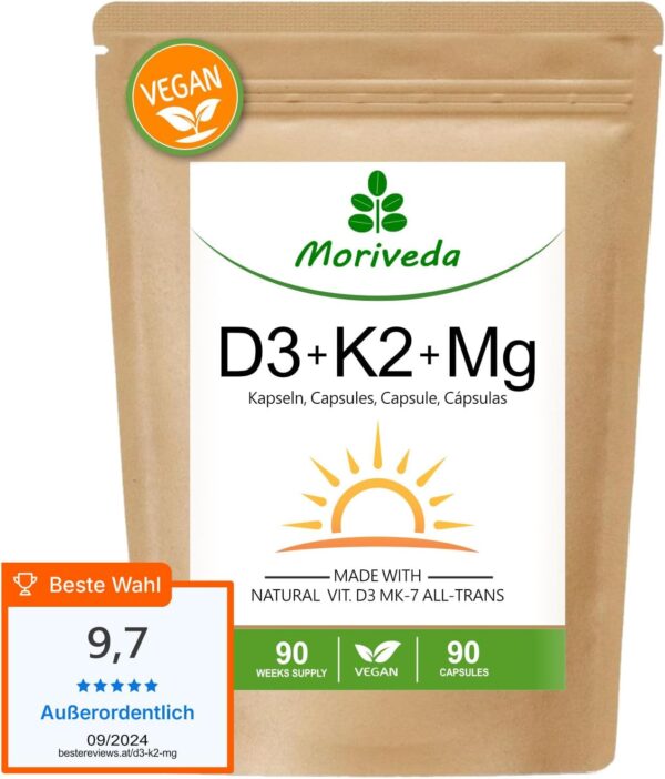 Vegane Vitamin D3 + K2 + Magnesium Kapseln - bis 90 Wochen Depot - 7000 I.E D3 + 200 mcg K2 MK7-90 Kapseln von MoriVeda