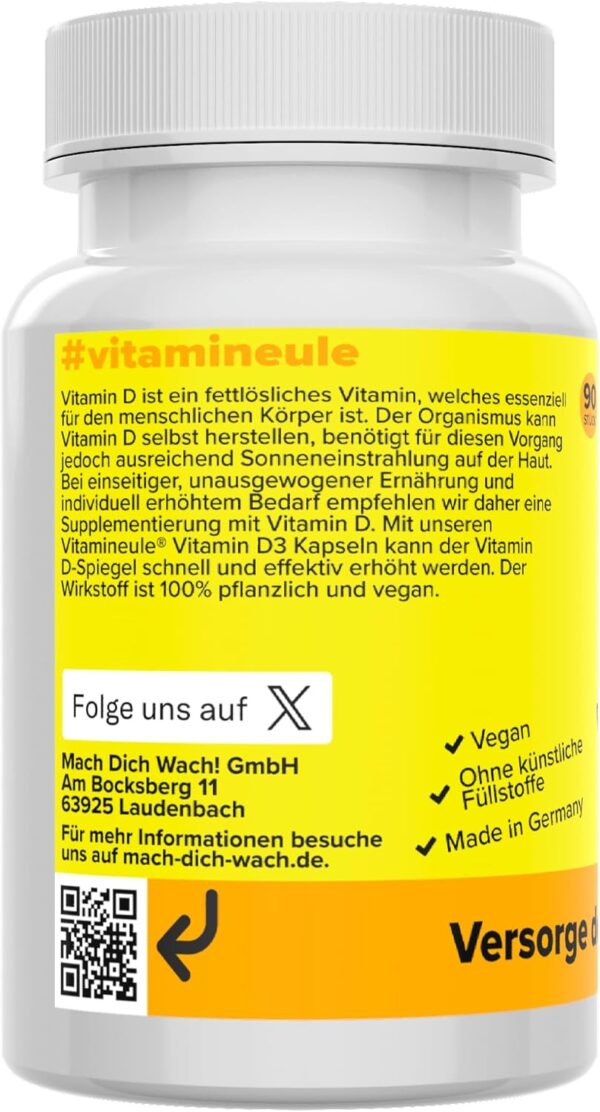 Vitamin D3 Kapseln - hochdosiert 30.000 i.E. - Produktion in Deutschland - vegan & bioaktiv - pflanzliches Cholecalciferol - ohne Zusatzstoffe - kleine Kapseln statt Tabletten - Vitamineule® – Bild 2