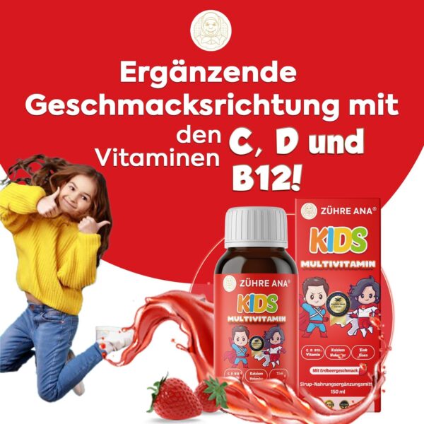 Zühre Ana® KIDS Multivitamin - Unterstützung von Vitaminen und Mineralien, Multivatamin Sirup mit Erdbeer-Geschmack (150 ml) – Bild 6