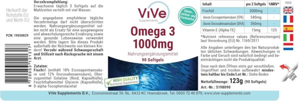 Omega 3 1000mg - 90 Softgels - Omega 3 aus Fischöl - mit EPA, DHA und Vitamin E - Hochdosiert - Qualität aus Deutschland - ViVe Supplements – Bild 2