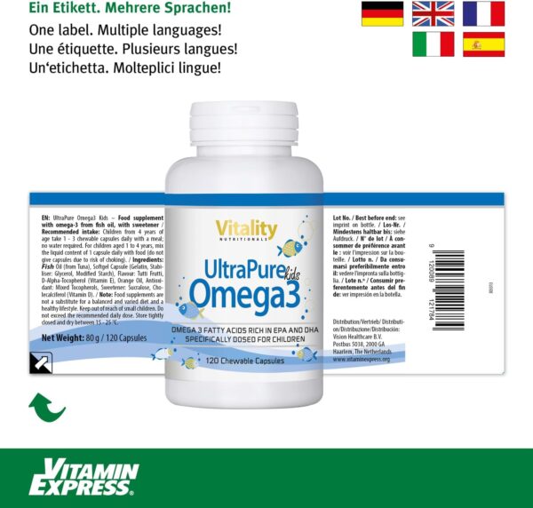Omega 3 für Kinder mit DHA + EPA, Vitamin D & Vitamin E, Kautabletten mit Fruchtgeschmack (120 Stk), UltraPure Omega 3 Kids Fischöl Kapseln Vitality Nutritionals by VitaminExpress – Bild 2