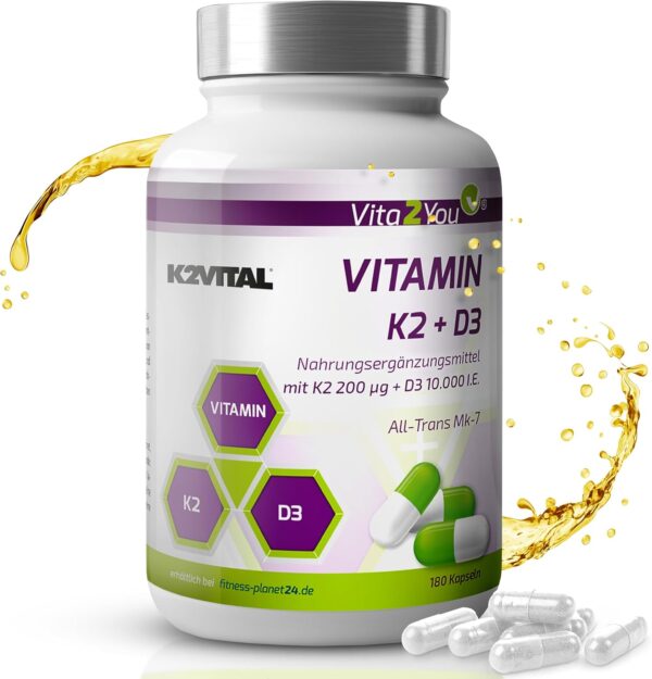 Vita2You Vitamin D3 + K2-180 Kapseln - Vitamin D3 10.000 IE + Vitamin K2 (MK-7) 200µg - Original K2VITAL® von Kappa - Premium Qualität