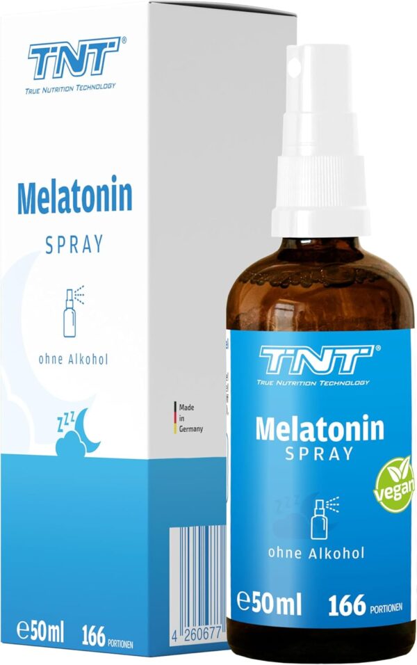 TNT Melatonin Spray hochdosiert (50ml) • Einschlafspray für 166 Tage • 0,5mg reines Melatonin pro Portion • Ohne Alkohol & auf Wasserbasis • 100% Vegan • Made in Germany