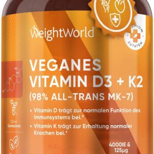 Vitamin D3 + K2-4000 I.E. vegane Tabletten - 240 Stück mit 125μg Vitamin K2 Menachinon - 1 Tablette/4 Tage - 98% All-Trans K2 MK7 - Für Knochen, Immunsystem & Muskeln - Sonnenvitamin - WeightWorld