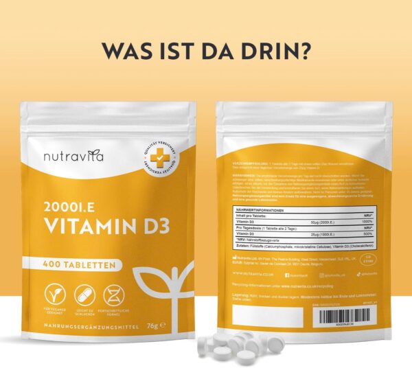 Vitamin D3 2000 I.E - 400 Tabletten (1+ Jahr) - Vegetarisch - Hochdosiert Sonnenvitamin für Immunsystem, Knochen, Zähne & Muskeln - Vitamin D Hochdosiert - Laborgeprüft Cholecalciferol - Nutravita – Bild 3
