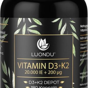 Luondu Vitamin D3 20.000 I.E + Vitamin K2 MK7 200 mcg Depot (Hochdosiert & Vegan) hochdosiert I Ohne Zusätze, Hergestellt in DE (180 Kapseln)
