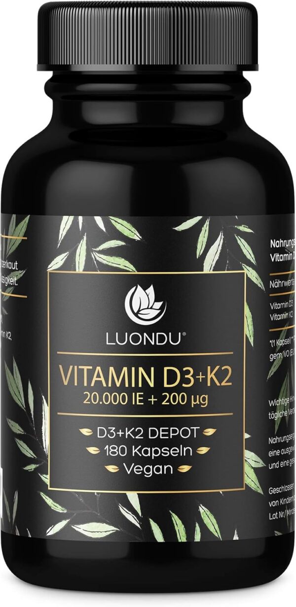 Luondu Vitamin D3 20.000 I.E + Vitamin K2 MK7 200 mcg Depot (Hochdosiert & Vegan) hochdosiert I Ohne Zusätze, Hergestellt in DE (180 Kapseln)