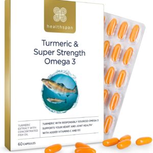 Healthspan Kurkuma & Omega 3 | Mit Vitamin C & Vitamin D3 zur Unterstützung der Herz-, Gelenk- und Knochengesundheit | Fördert das Immunsystem | Nachhaltig angebaut | 60 Kapseln