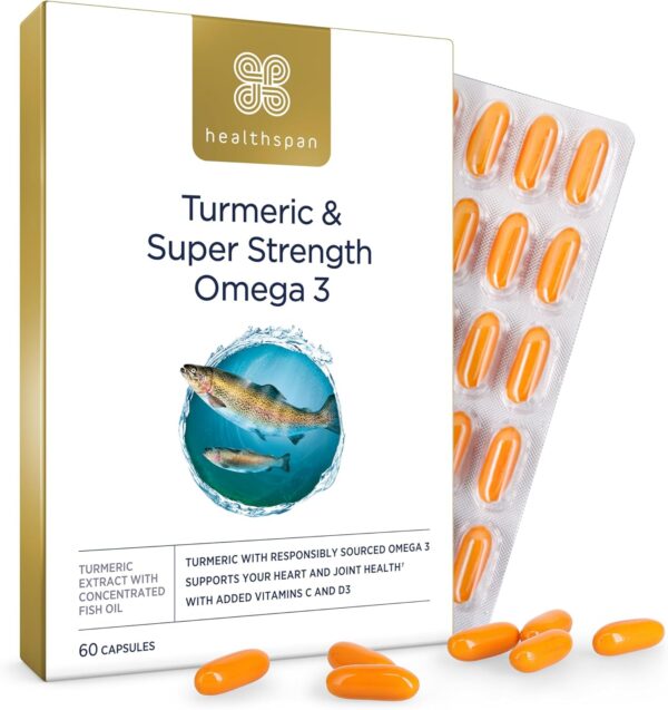 Healthspan Kurkuma & Omega 3 | Mit Vitamin C & Vitamin D3 zur Unterstützung der Herz-, Gelenk- und Knochengesundheit | Fördert das Immunsystem | Nachhaltig angebaut | 60 Kapseln
