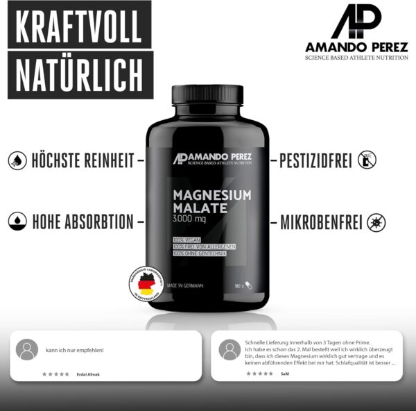Amando Perez Magnesium Malat Tabletten 3000mg Hochdosiert - 180 Stück Magnesiummalat Vegan & Laborgeprüft (450mg Magnesium) Kapseln für Sport - Trägt zu einer normalen Muskelfunktion bei – Bild 6