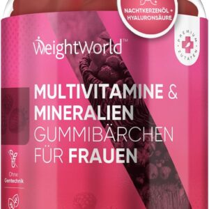 Multivitamin Gummies für Frauen - Mit Hyaluron, Nachtkerzenöl, Coenzym Q10, Folsäure, Zink, Vitamin C, B12, Biotin - Für Immunsystem, Haut & Stoffwechsel - 90 Gummibärchen - Erdbeer & Himbeergeschmack